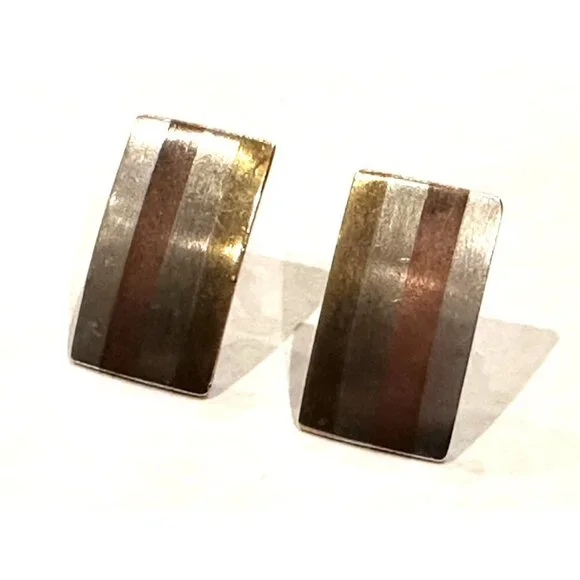 METALES CASADOS TAXCO 925 SILVER COPPER BRONZE BRUTALIST EARRINGS SCREWBACK MCM - Picture 7 of 7